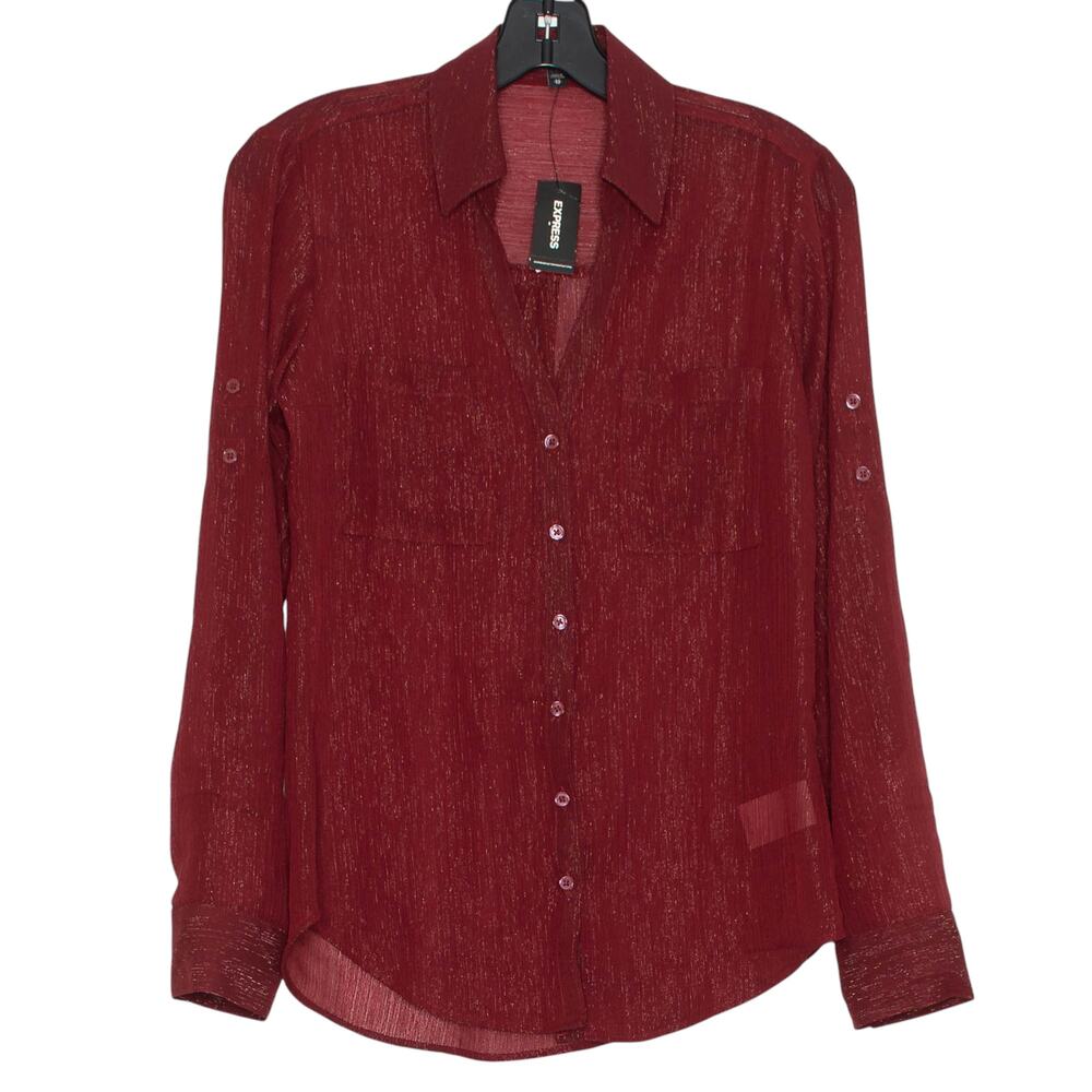 NWT Express Top Button Up Sheer Metallic Lightweight Long Sleeve Holiday Red XS